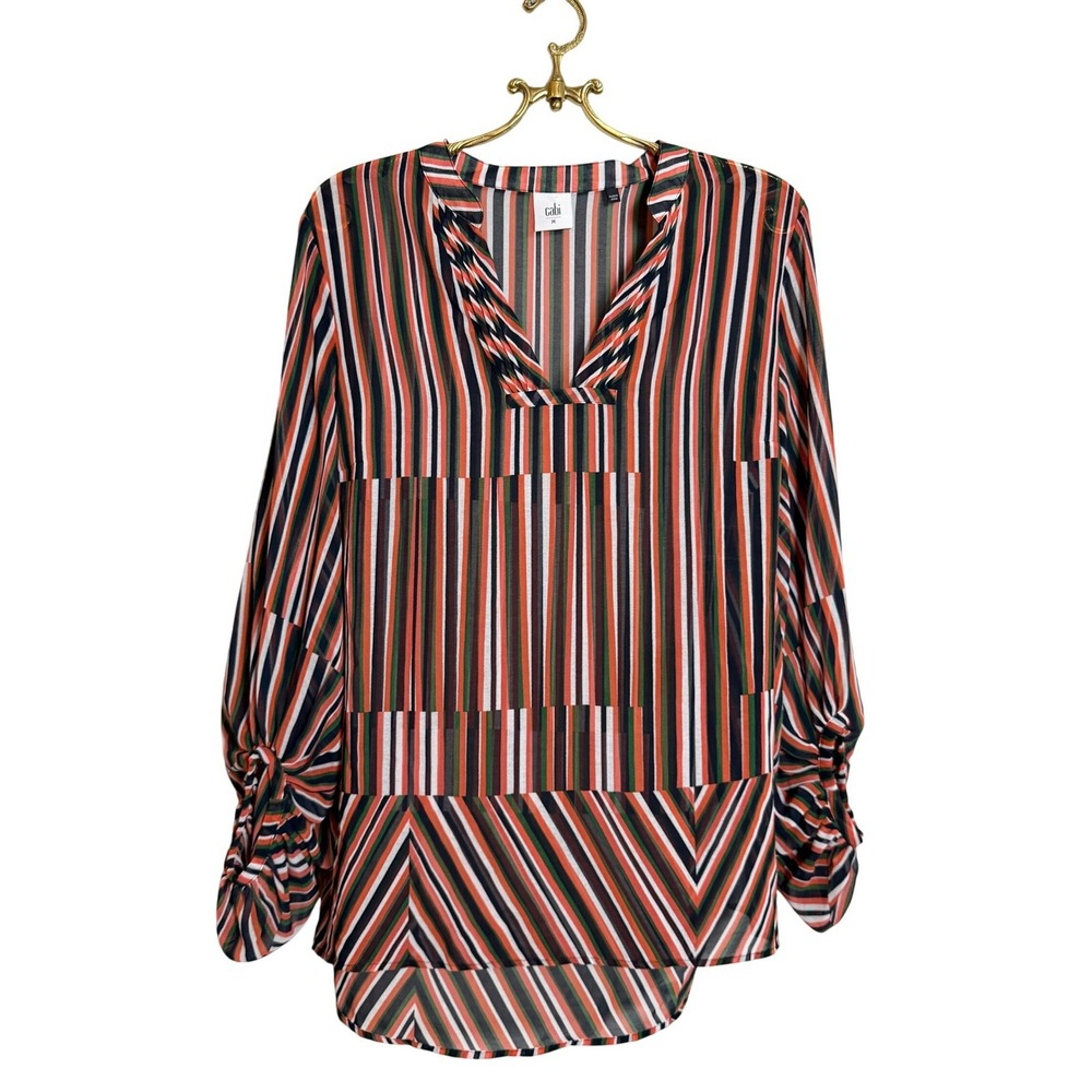 Cabi 5519 Women Medium Orange Green Striped V-Neck Ruched Sleeve Chiffon Blouse